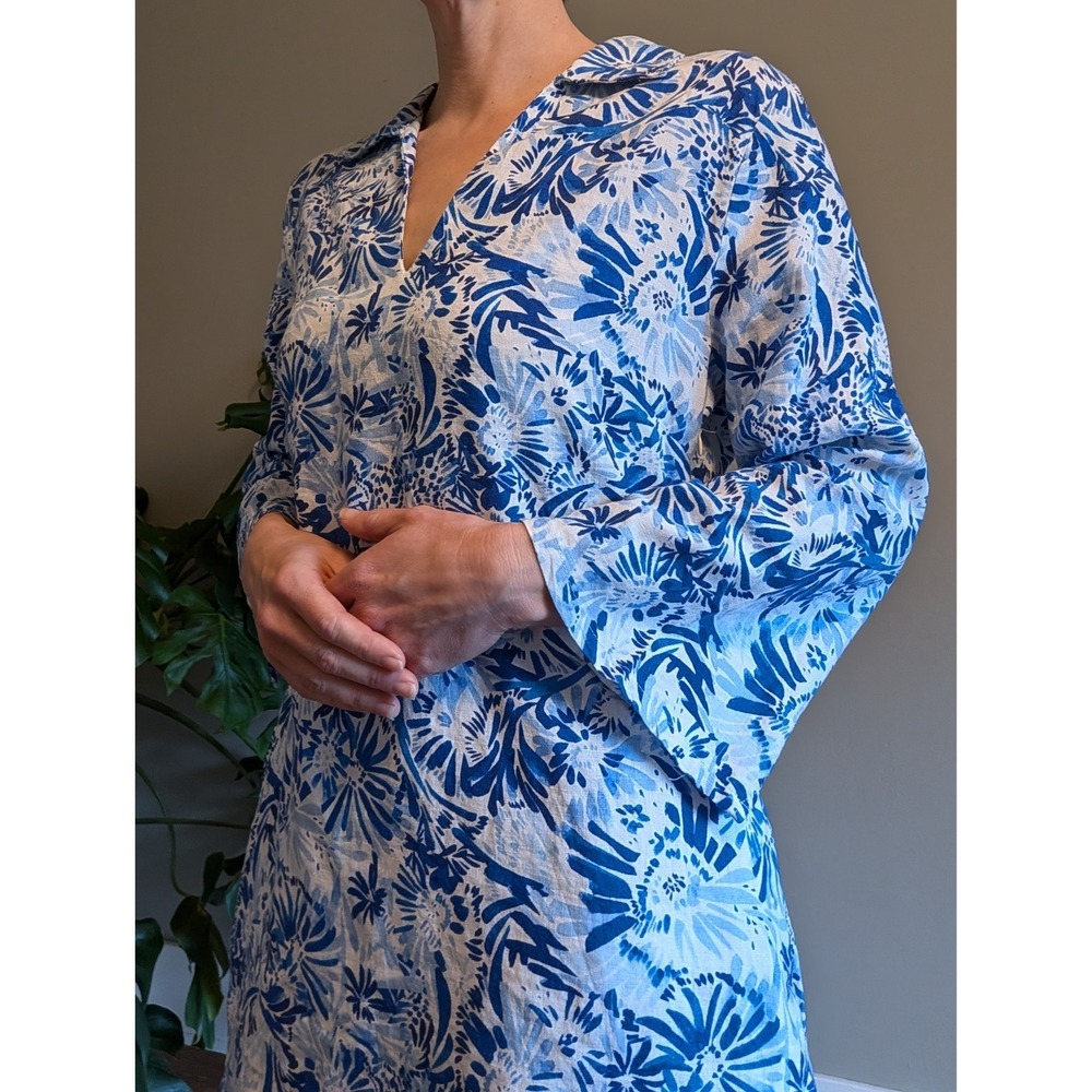 Joie Shirt Dress Linen Floral Bell Sleeve Coastal Resort Beach White Blue Size 8
